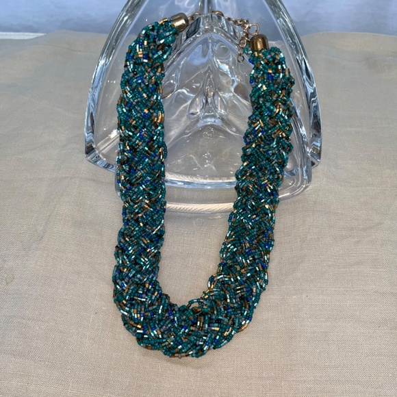 Collar-length blues & gold artisnal beaded necklace (18-20") - Picture 3 of 10